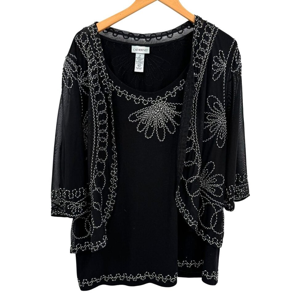 Catherines Embroidered Tunic Top Womens 1X Sheer Sleeves Faux Jacket Comfort